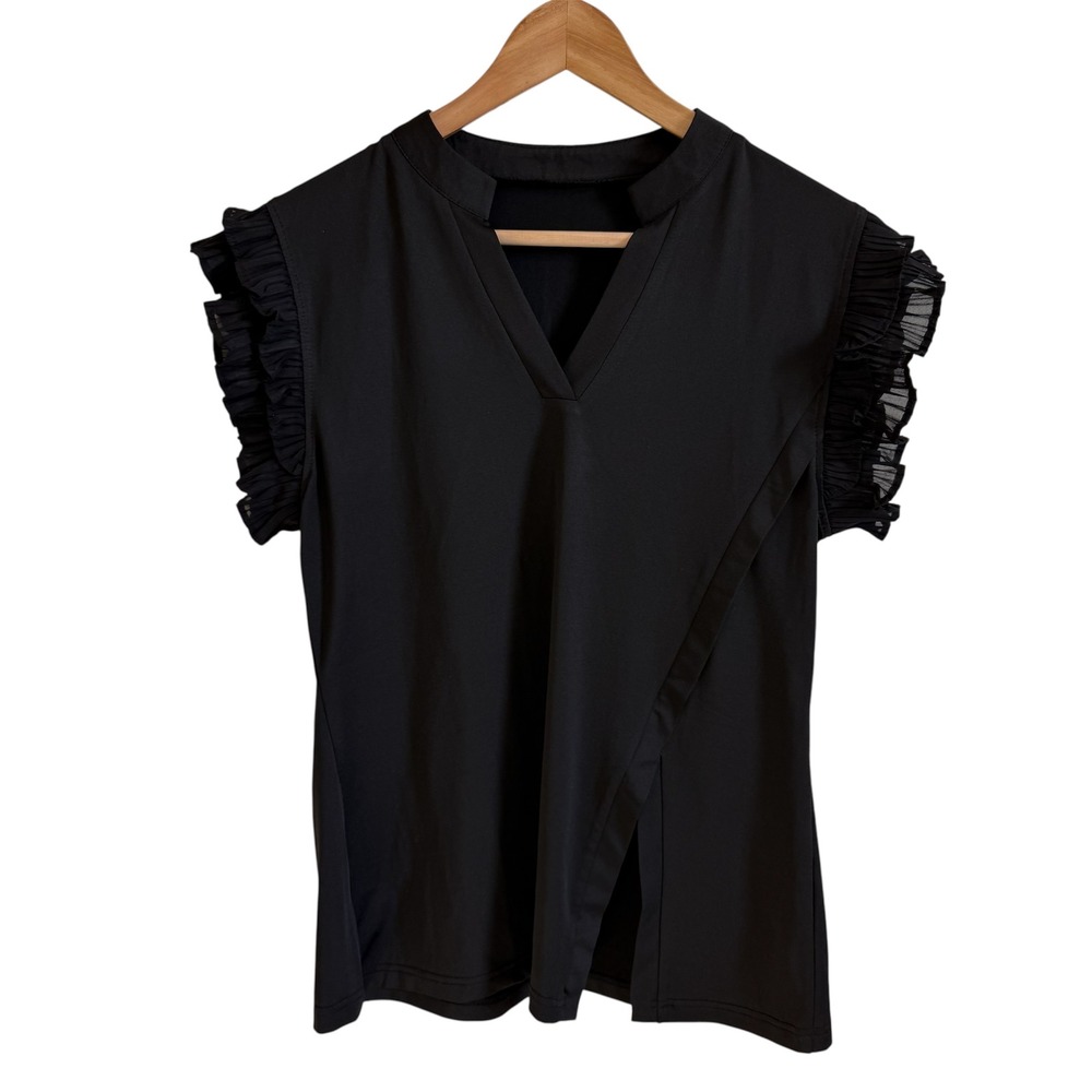 Black Ruffle‎ Sleeve Top V-Neck Slit Asymmetrical Blouse Women's Size L